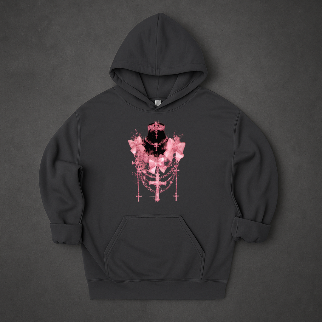 Gothic Pink Ribbon Cross Jewellery Hoodie